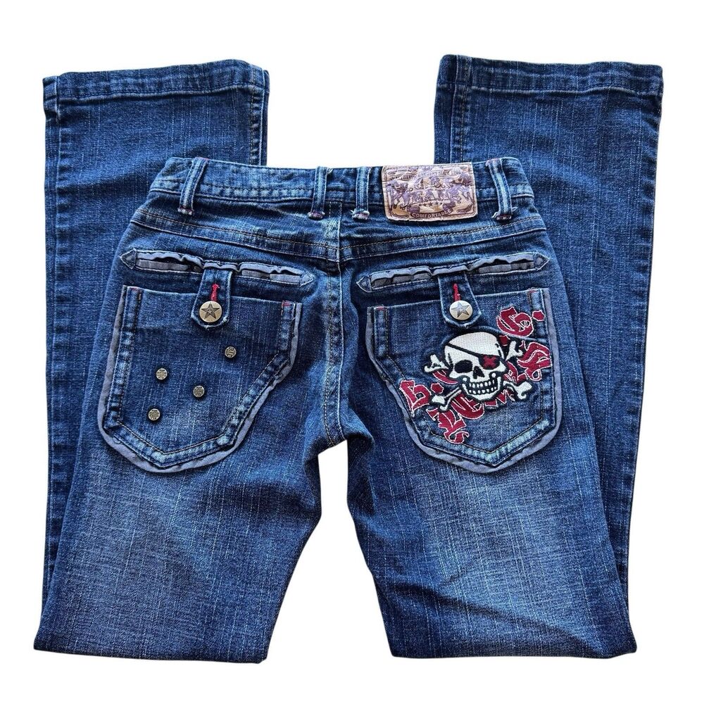 BCBG Y2K 90s Femme Low Rise Skull Embroidered Bootcut Jeans Size 26 Grunge Rock
